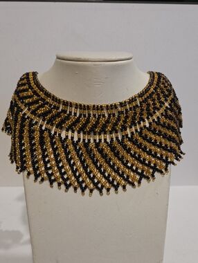 Handcrafted Black and Gold Beaded Fringe Collar Necklace